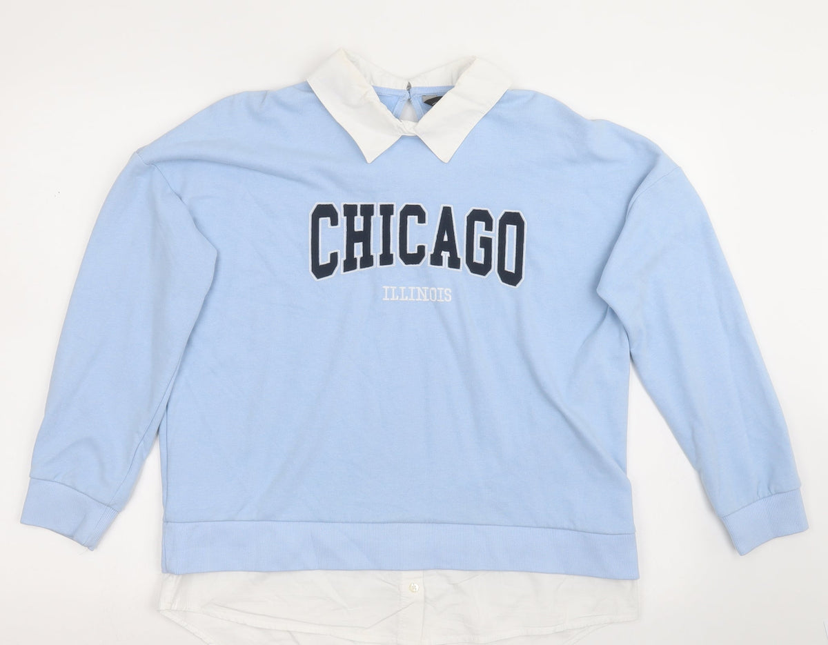 Additional front view of F&F women’s blue cotton pullover sweatshirt, size UK 12, button - chicago