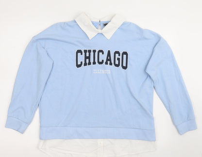 Additional front view of F&F women’s blue cotton pullover sweatshirt, size UK 12, button - chicago
