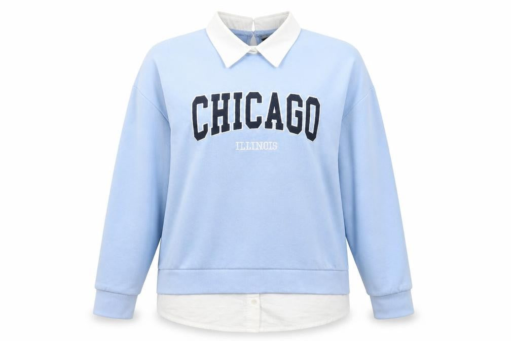 Front view of F&F women’s blue cotton pullover sweatshirt, size UK 12, button - chicago