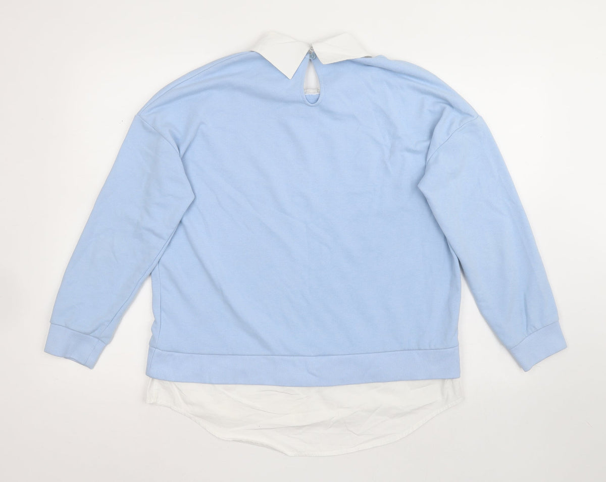Back view of F&F women’s blue cotton pullover sweatshirt, size UK 12, button - chicago