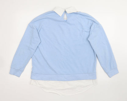 Back view of F&F women’s blue cotton pullover sweatshirt, size UK 12, button - chicago