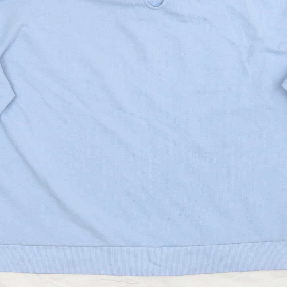 Brand and care label for F&F women’s blue cotton pullover sweatshirt, size UK 12, button - chicago