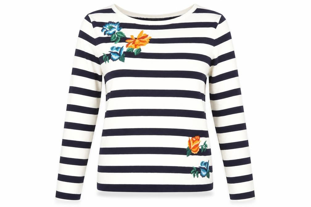 Front view of Bonmarché women’s multicoloured round neck striped acrylic jumper, size S, - embroidered flowers