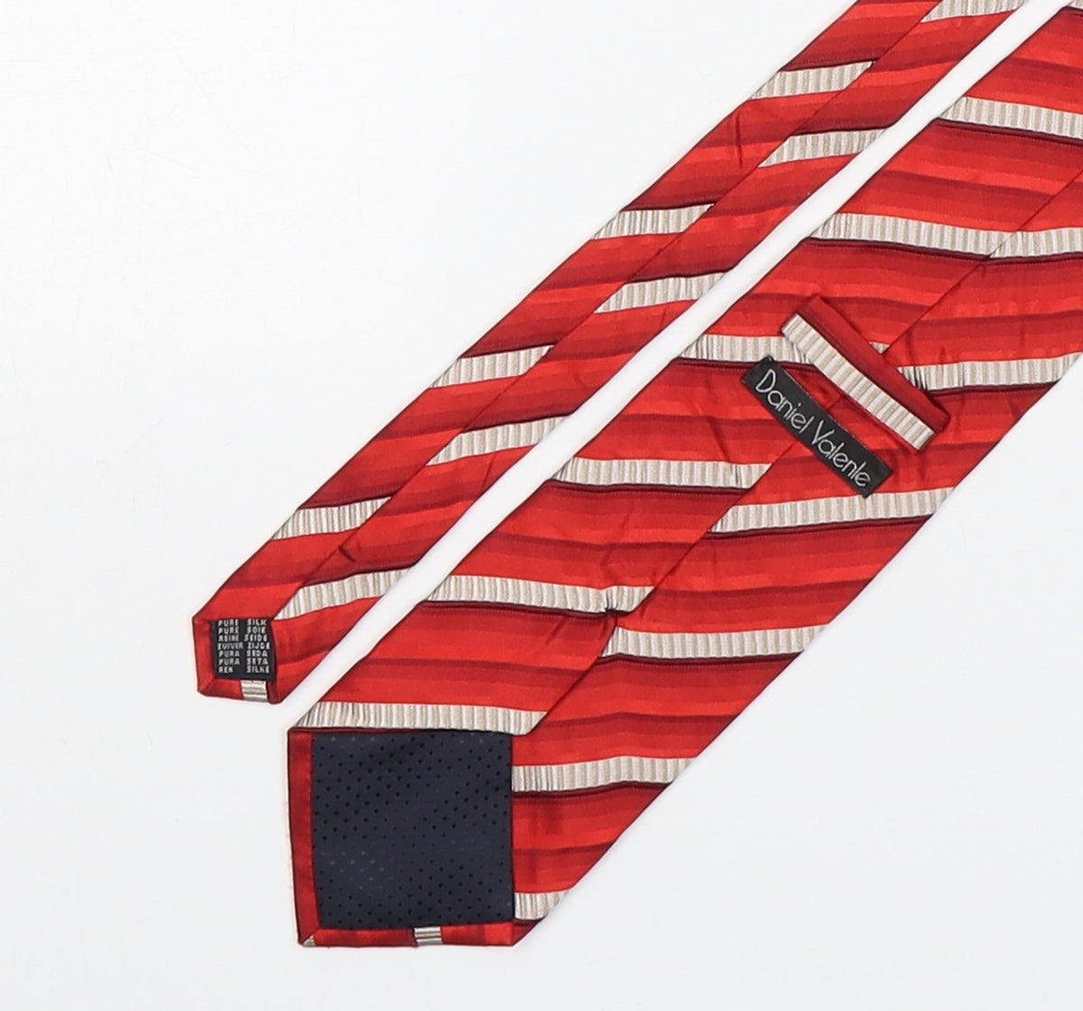 Back view of Daniel Valenle men’s red striped silk pointed tie one size