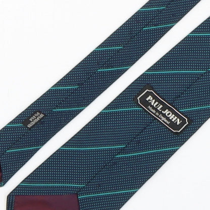 Brand and care label for Paul John men’s green geometric polyester pointed tie one size