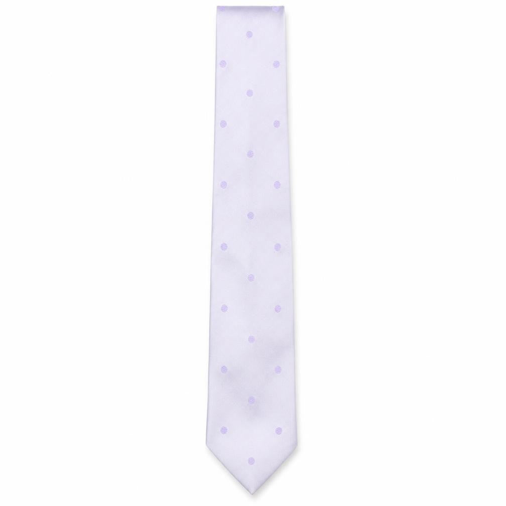 Front view of PINK men’s purple polka dot silk pointed tie one size