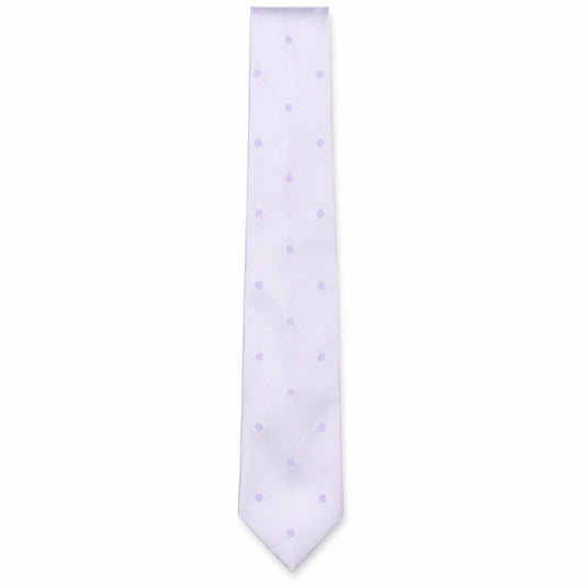Front view of PINK men’s purple polka dot silk pointed tie one size