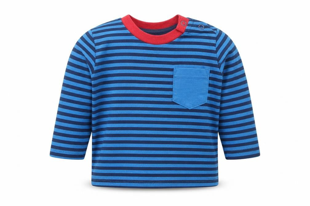 Front view of Dunnes boys’ blue striped cotton basic t-shirt, size 3-6, months crew neck pullover