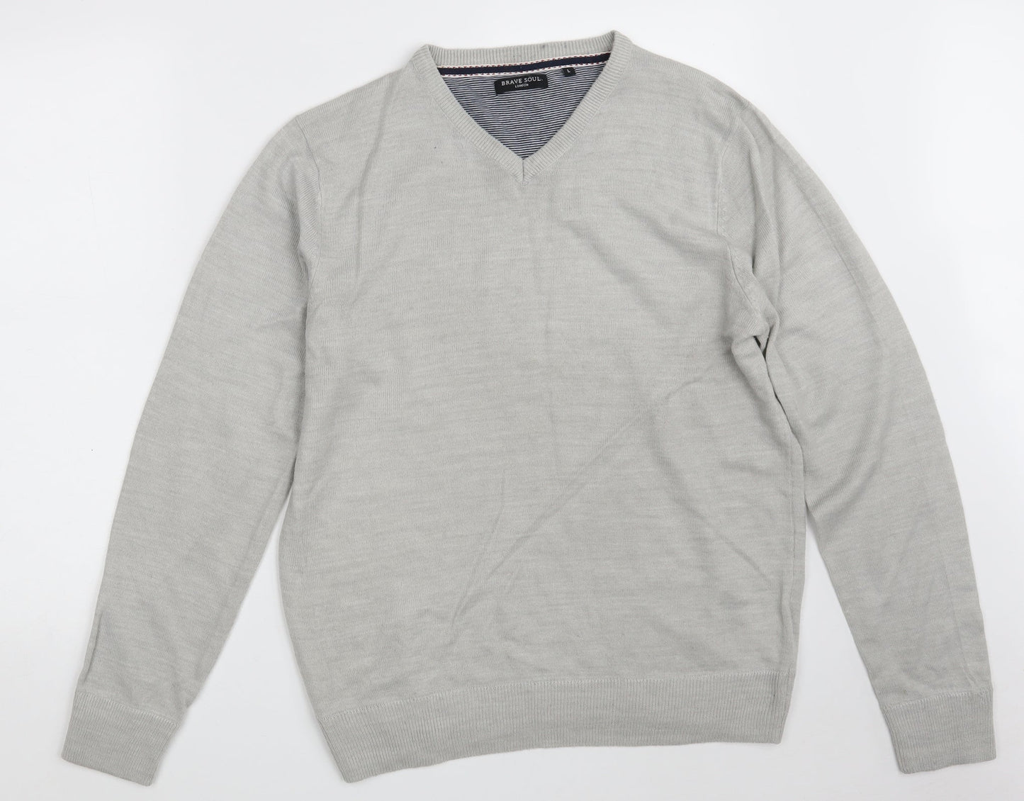 Brave Soul Mens Grey V-Neck  Acrylic Pullover Jumper Size L