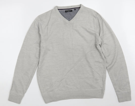 Brave Soul Mens Grey V-Neck  Acrylic Pullover Jumper Size L