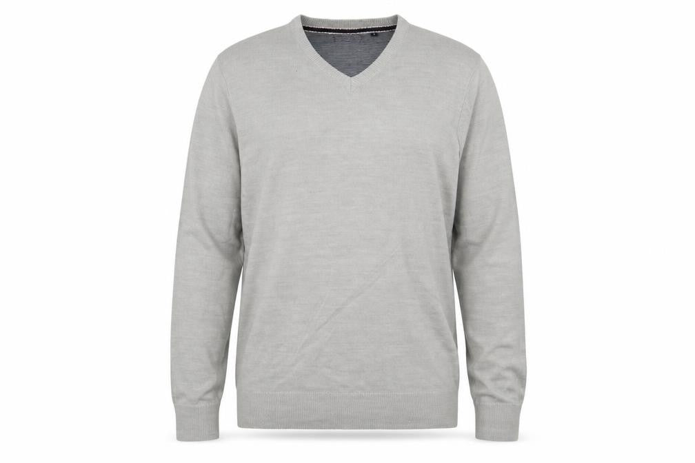 Front view of Brave Soul men’s grey v-neck acrylic jumper, size L