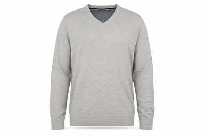 Front view of Brave Soul men’s grey v-neck acrylic jumper, size L