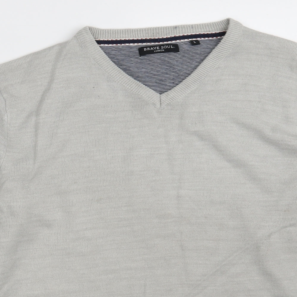 Brave Soul Mens Grey V-Neck  Acrylic Pullover Jumper Size L