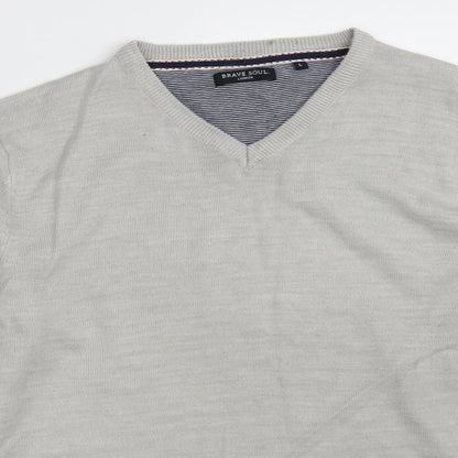 Brave Soul Mens Grey V-Neck  Acrylic Pullover Jumper Size L