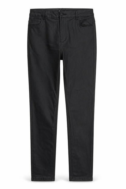 Front view of Apperloth women’s black polyester skinny jeans, size M, 28-inch leg slim zip