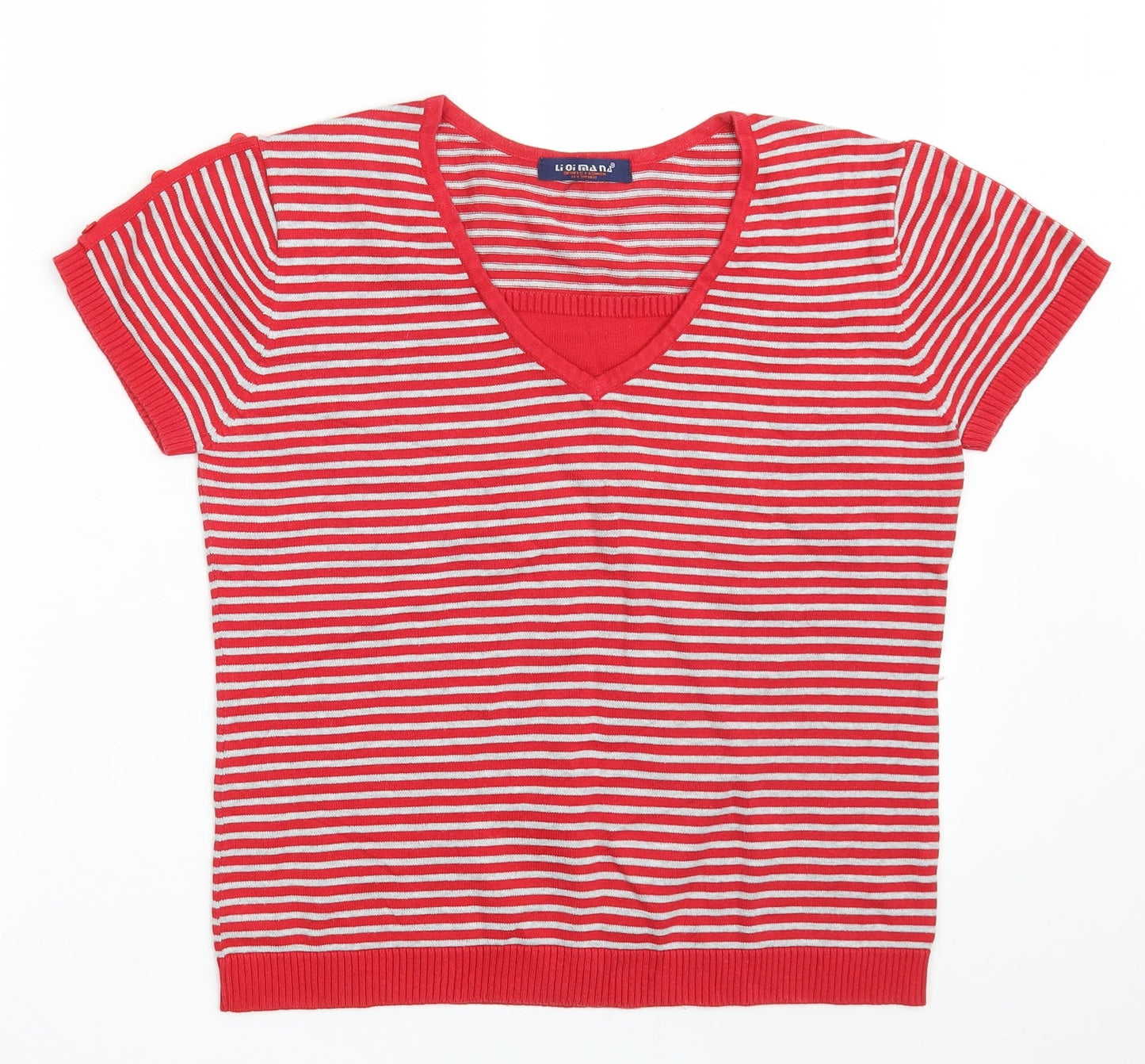 LiQiMaNa Womens Red V-Neck Striped Acrylic Pullover Jumper Size M