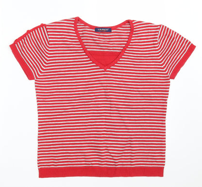 LiQiMaNa Womens Red V-Neck Striped Acrylic Pullover Jumper Size M