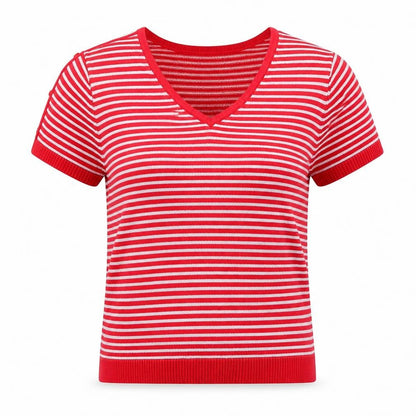 Front view of LiQiMaNa women’s red v-neck striped acrylic jumper, size M