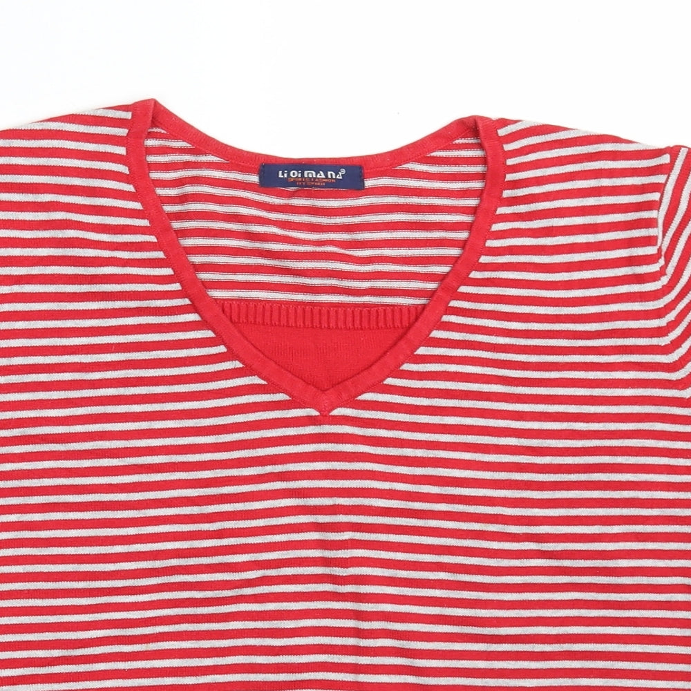 LiQiMaNa Womens Red V-Neck Striped Acrylic Pullover Jumper Size M
