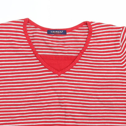 LiQiMaNa Womens Red V-Neck Striped Acrylic Pullover Jumper Size M