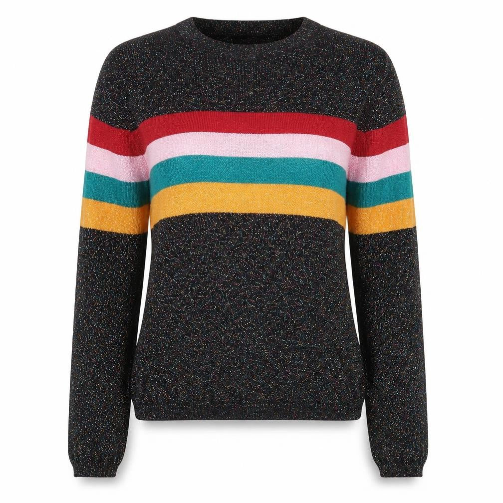 Front view of Cooperative women’s black round neck striped viscose jumper, size XS, - colorblock