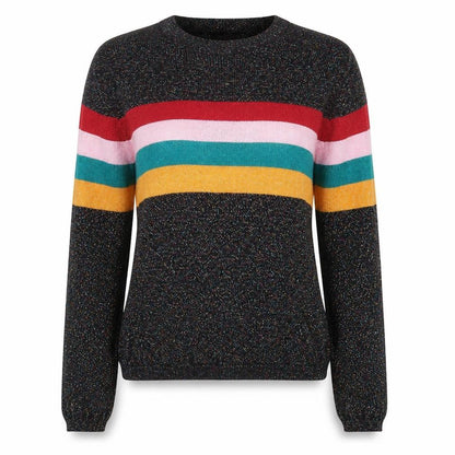 Front view of Cooperative women’s black round neck striped viscose jumper, size XS, - colorblock