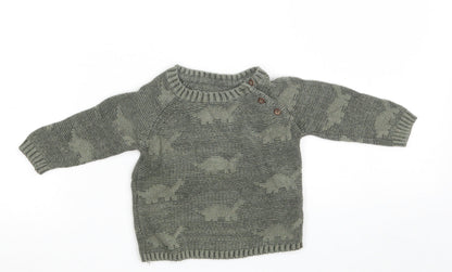George Boys Green  100% Cotton Pullover Jumper Size 3-6 Months  Button - Dinosaurs