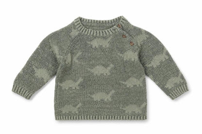 Front view of George boys’ green 100% cotton jumper, size 3-6, months button - dinosaurs