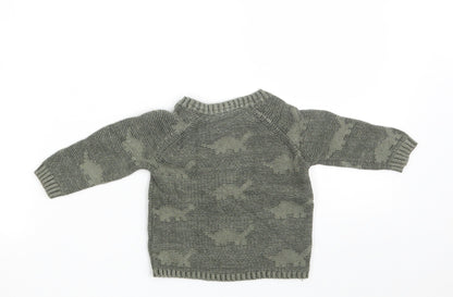 George Boys Green  100% Cotton Pullover Jumper Size 3-6 Months  Button - Dinosaurs