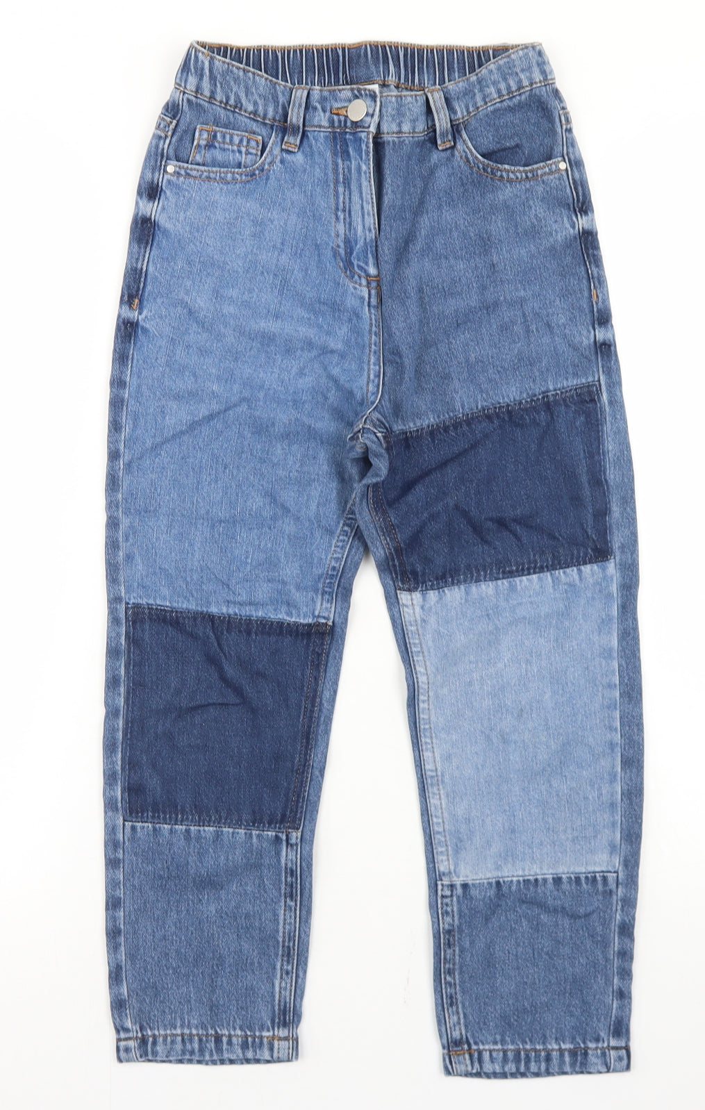 Additional front view of Next girls’ blue patchwork cotton straight jeans, size 9, months regular button