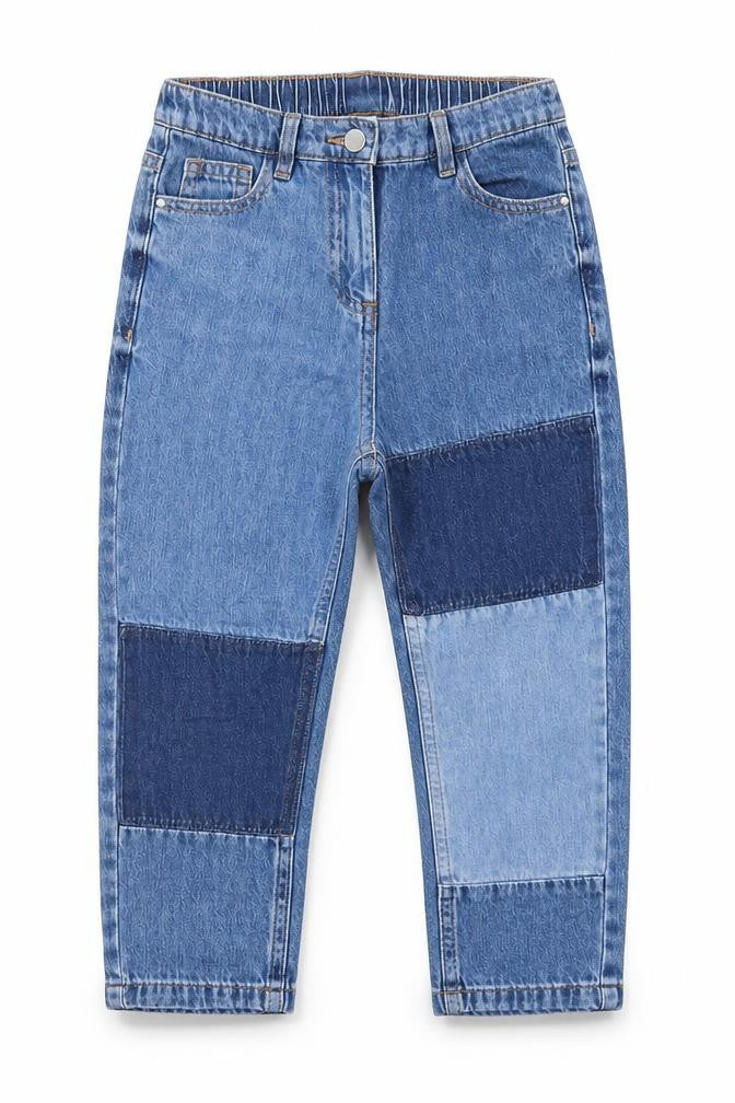 Front view of Next girls’ blue patchwork cotton straight jeans, size 9, months regular button