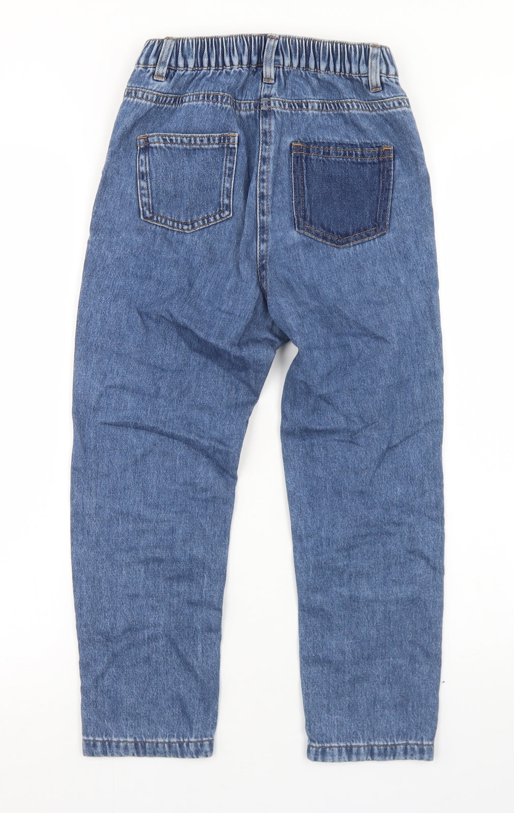 Back view of Next girls’ blue patchwork cotton straight jeans, size 9, months regular button