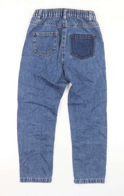 Back view of Next girls’ blue patchwork cotton straight jeans, size 9, months regular button