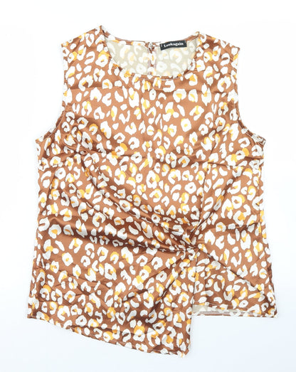 Additional front view of Lookagain women’s brown animal print polyester basic blouse, size UK 14, round neck