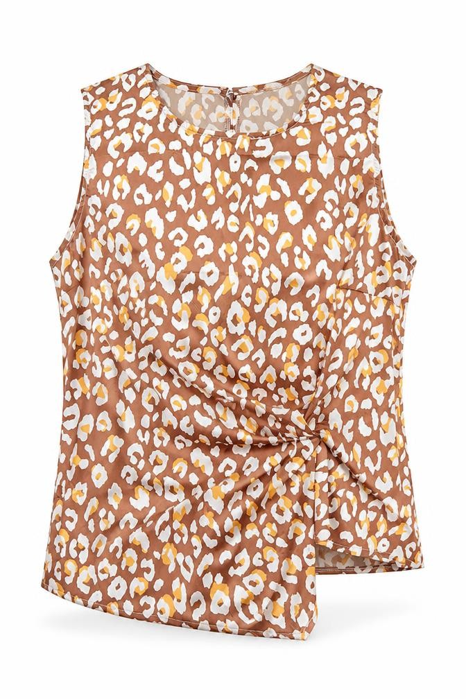 Front view of Lookagain women’s brown animal print polyester basic blouse, size UK 14, round neck