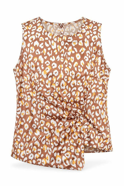Front view of Lookagain women’s brown animal print polyester basic blouse, size UK 14, round neck