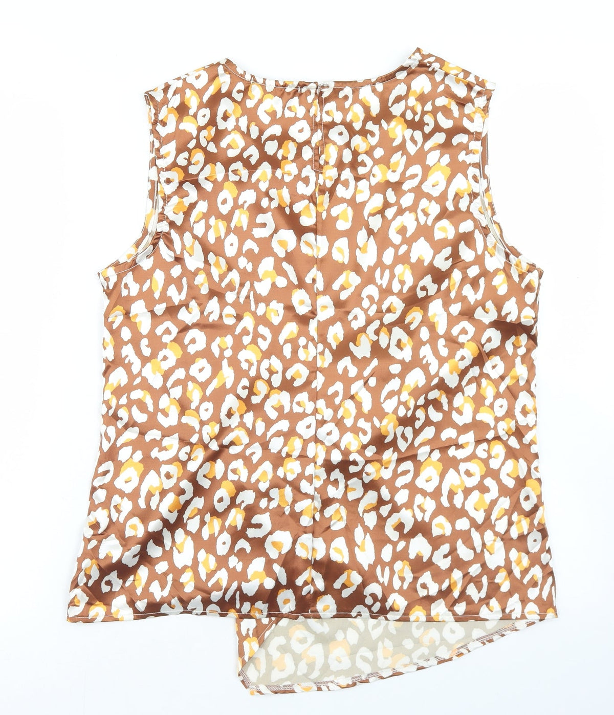 Back view of Lookagain women’s brown animal print polyester basic blouse, size UK 14, round neck