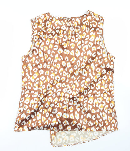 Back view of Lookagain women’s brown animal print polyester basic blouse, size UK 14, round neck