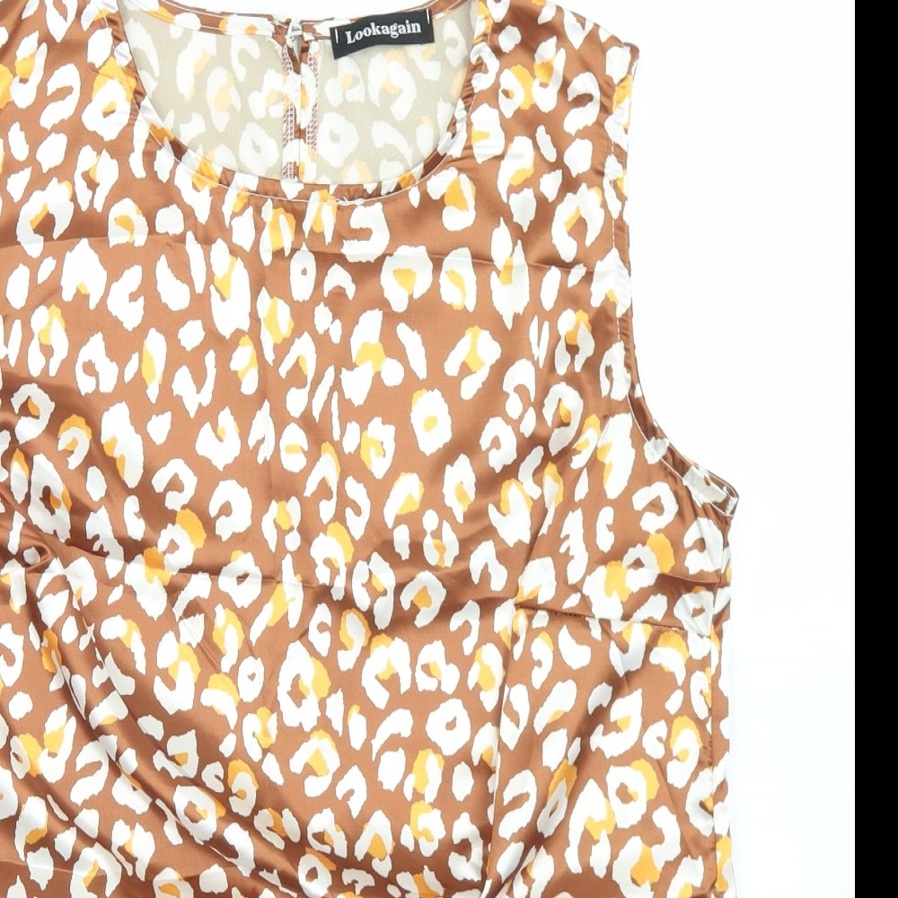 Close-up detail of Lookagain women’s brown animal print polyester basic blouse, size UK 14, round neck