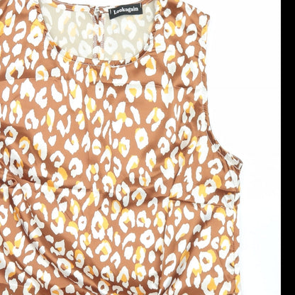 Close-up detail of Lookagain women’s brown animal print polyester basic blouse, size UK 14, round neck