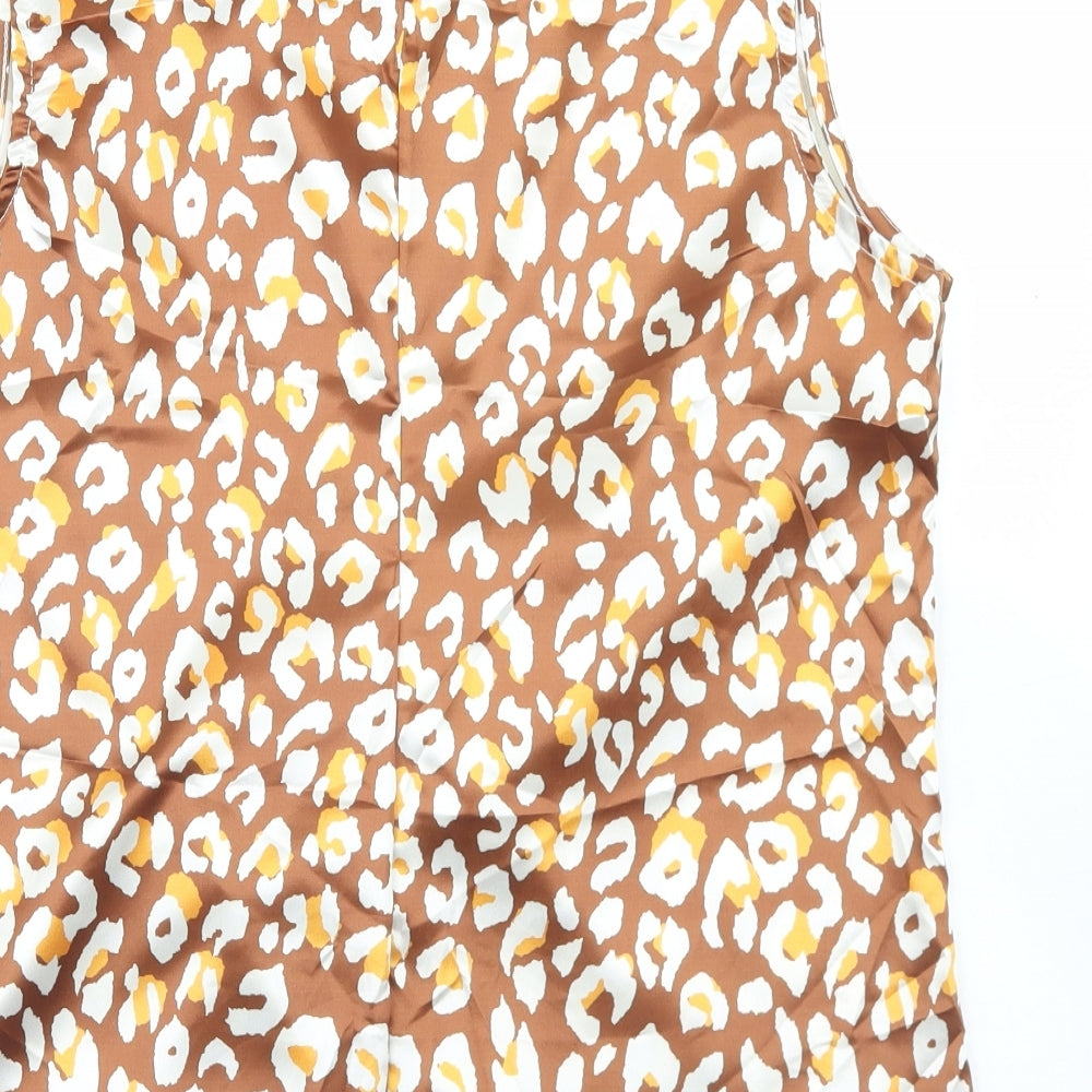 Brand and care label for Lookagain women’s brown animal print polyester basic blouse, size UK 14, round neck