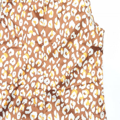 Brand and care label for Lookagain women’s brown animal print polyester basic blouse, size UK 14, round neck