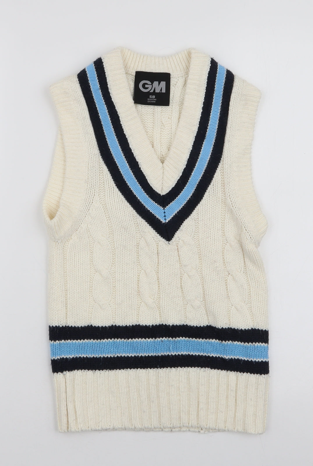 Additional front view of GM women’s white v-neck striped acrylic jumper, size S
