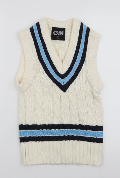 Additional front view of GM women’s white v-neck striped acrylic jumper, size S