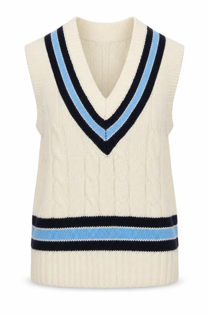 Front view of GM women’s white v-neck striped acrylic jumper, size S