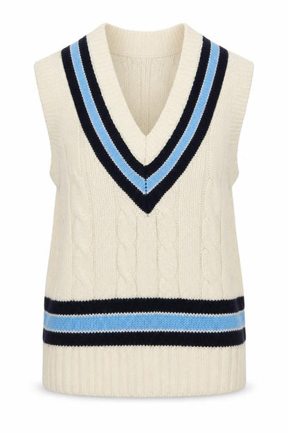 Front view of GM women’s white v-neck striped acrylic jumper, size S