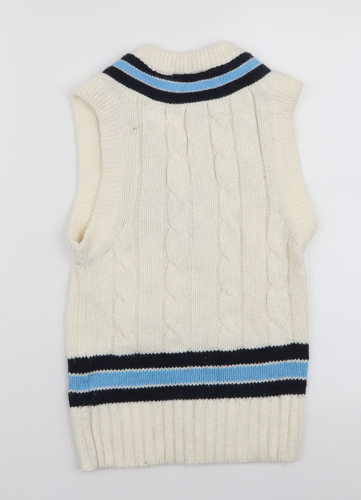 Back view of GM women’s white v-neck striped acrylic jumper, size S