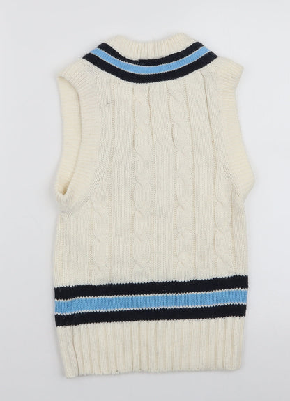 Back view of GM women’s white v-neck striped acrylic jumper, size S