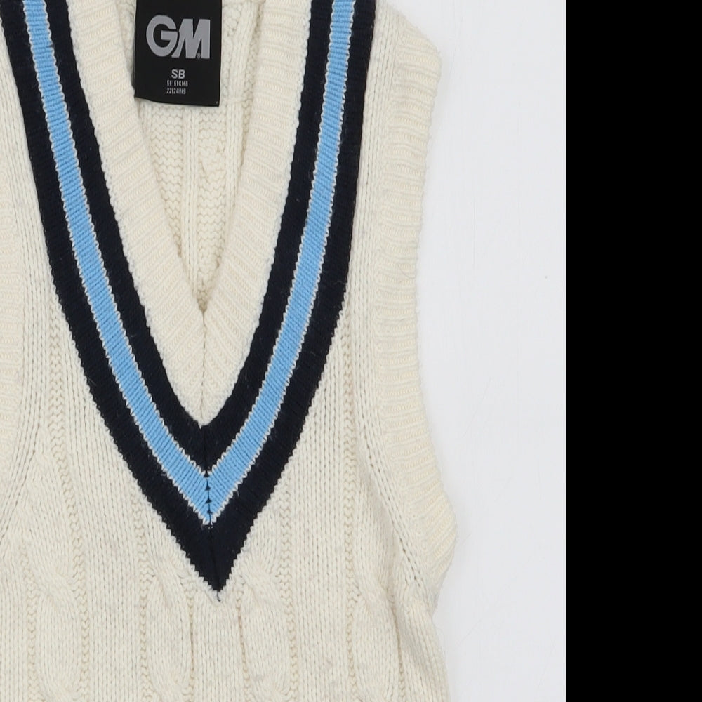 Close-up detail of GM women’s white v-neck striped acrylic jumper, size S