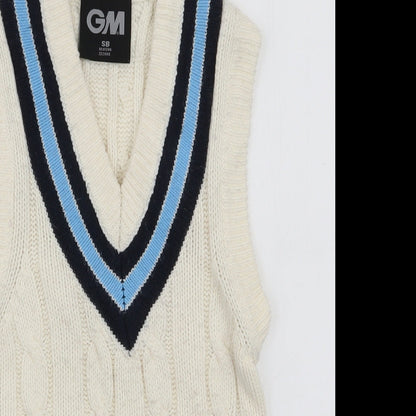 Close-up detail of GM women’s white v-neck striped acrylic jumper, size S